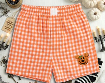 Adorable Halloween Disney Inspired Embroidered Gingham Shorts, Mickey Pumpkin Lounge Shorts, Minnie Pumpkin Gingham Shorts, Girly Short