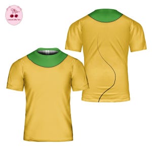 K&ouml;nnte beinhalten: Ein kurz&auml;rmeliges T-Shirt mit einem einfarbig gelben K&ouml;rper und einem kontrastierenden gr&uuml;nen Rundhalsausschnitt. Das Design zeigt eine d&uuml;nne, geschwungene schwarze Linie, die vom Kragen &uuml;ber den R&uuml;cken verl&auml;uft. Das Kleidungsst&uuml;ck ist von vorne und hinten abgebildet.