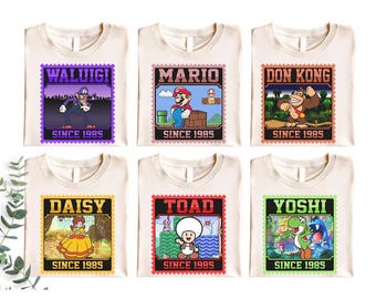 Retro All Characters Retro Stamp Super Mario Kart Shirt, Mario Princess Peach Yoshi Toad Epic Universe Family Shirts, Mario Kids Group Shirt
