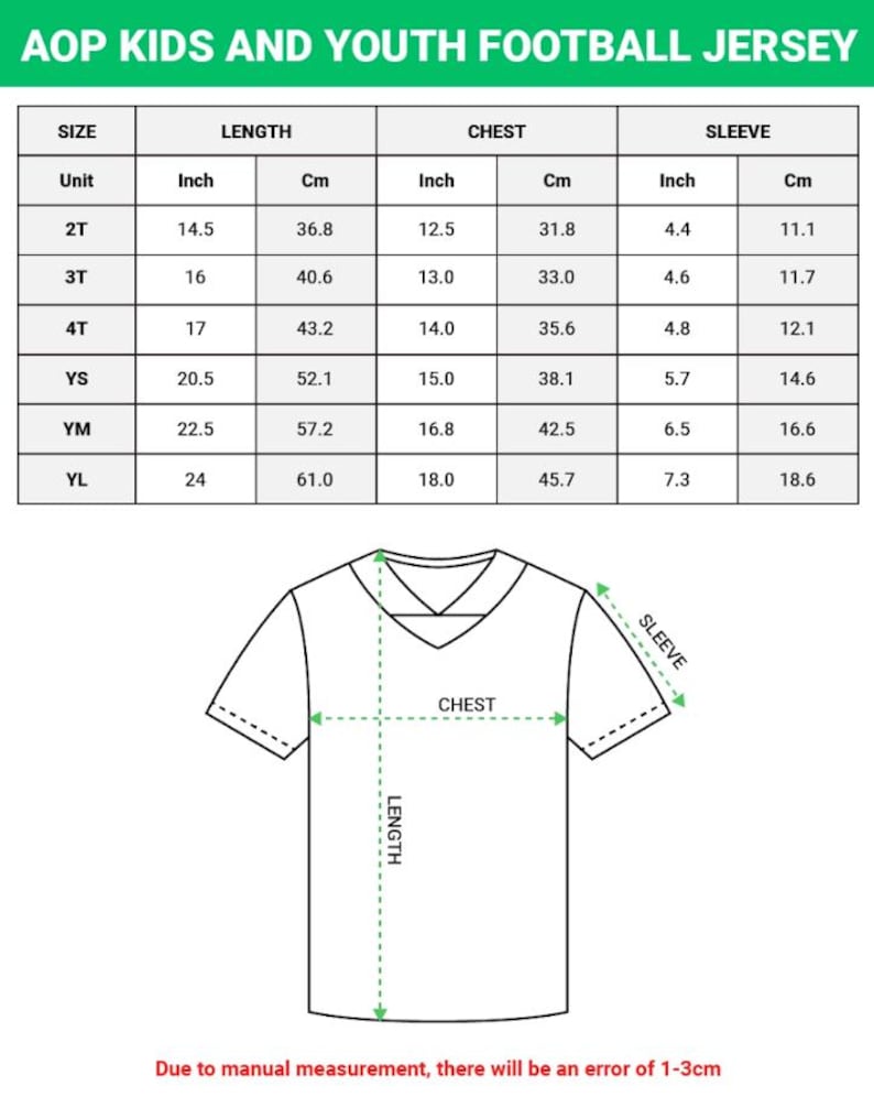 K&ouml;nnte beinhalten: Gr&ouml;&szlig;entabelle f&uuml;r AOP Kinder- und Jugend-Fu&szlig;balltrikots mit L&auml;ngen-, Brust- und &Auml;rmelma&szlig;en in Zoll und Zentimetern. Gr&ouml;&szlig;en von 2T bis YL. Eine Abbildung eines T-Shirts mit V-Ausschnitt zeigt die Messpunkte.
