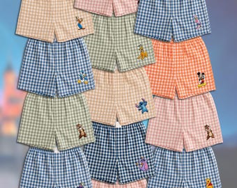 Disney Character Inspired Gingham Shorts Embroidered Gingham Shorts, Mickey and Friends Gingham Shorts, Princess Short, Stitch Gingham Short