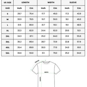 K&ouml;nnte beinhalten: Eine Gr&ouml;&szlig;entabelle f&uuml;r ein T-Shirt mit Allover-Druck, die US-Gr&ouml;&szlig;en von S bis 5XL enth&auml;lt und L&auml;nge, Breite sowie &Auml;rmelma&szlig;e in Zoll und Zentimetern auflistet, erg&auml;nzt durch eine Strichzeichnung eines T-Shirts mit den entsprechenden Messpunkten.