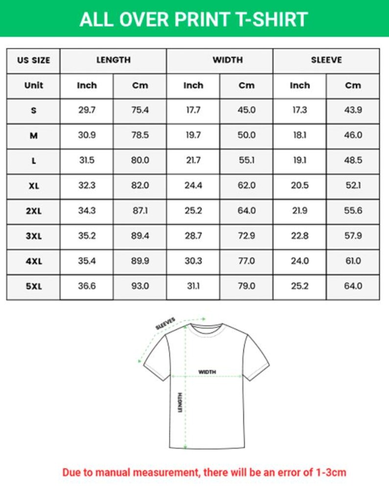 K&ouml;nnte beinhalten: Eine Gr&ouml;&szlig;entabelle f&uuml;r ein T-Shirt mit Allover-Druck, die US-Gr&ouml;&szlig;en von S bis 5XL enth&auml;lt und L&auml;nge, Breite sowie &Auml;rmelma&szlig;e in Zoll und Zentimetern auflistet, erg&auml;nzt durch eine Strichzeichnung eines T-Shirts mit den entsprechenden Messpunkten.