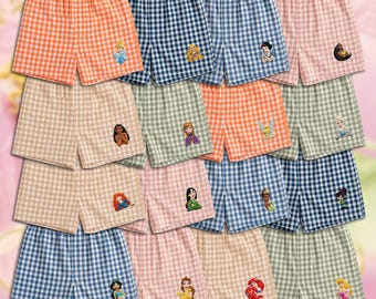 Disney Princess Inspired Embroidered Gingham Shorts, Cinderella Belle Snow White Tiana Elsa Ariel Gingham Shorts, Disney Girls Trip Shorts