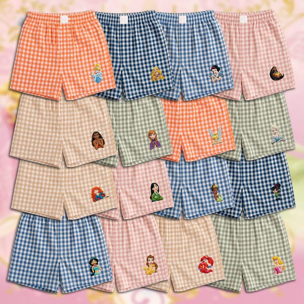 Disney Princess Inspired Embroidered Gingham Shorts, Cinderella Belle Snow White Tiana Elsa Ariel Gingham Shorts, Disney Girls Trip Shorts
