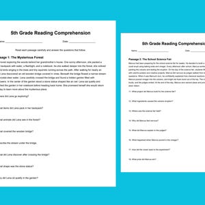 Könnte beinhalten: Zwei weiße Papierblätter mit dem Titel "5th Grade Reading Comprehension" auf blauem Hintergrund. Der Text enthält Lesepassagen und Fragen zu "The Mysterious Forest" und "The School Science Fair".