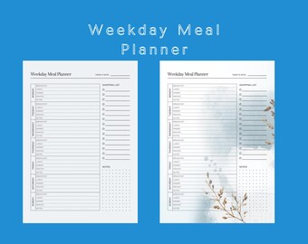 平日の食事プランナー（印刷可能なPDF）｜買い物リスト｜A4、A5、レターサイズ｜すぐにダウンロード