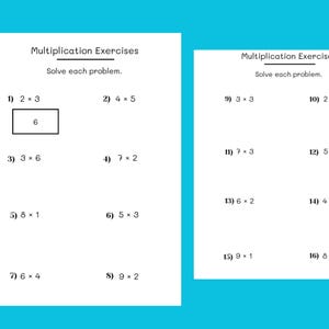 May include: Two white worksheets with multiplication sums on a blue background. The text "Multiplication Exercises" is at the top of each sheet. Problems include 2 x 3, 4 x 5, 3 x 6, 7 x 2, 8 x 1, 5 x 3, 6 x 4, and 9 x 2.