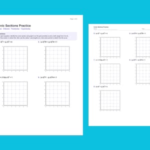 Puede incluir: Dos hojas blancas de ejercicios sobre secciones cónicas que presentan ecuaciones matemáticas y cuadrículas de coordenadas vacías. El texto incluye instrucciones para identificar y graficar las curvas, con problemas numerados del uno al nueve.