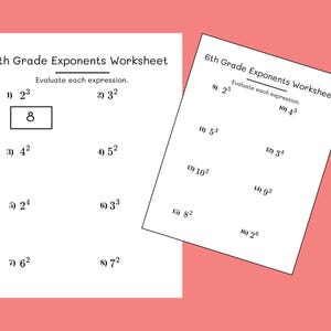 Könnte beinhalten: Zwei weiße Arbeitsblätter mit schwarzem Text auf rosa Hintergrund. Die Arbeitsblätter tragen den Titel "6th Grade Exponents Worksheet" und enthalten Matheaufgaben. Ein Arbeitsblatt hat die Antwort "8" in einem Feld.