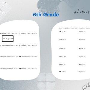 Op de afbeelding: Een werkblad voor wiskunde van de 6e klas, met problemen over het identificeren van x- en y-coördinaten en het aangeven van kwadranten. De tekst bevat vergelijkingen zoals ax²+bx+c en a²+b²=c². De achtergrond is lichtblauw met raster- en coördinaatvlakillustraties.