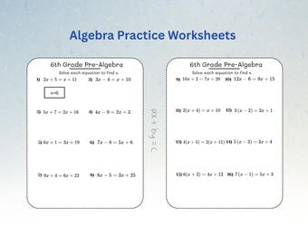 方程式を解くワークシート PDF | 6年生向け初等代数 | xを求める練習 | 印刷可能な算数ワークシート