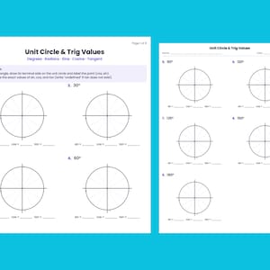 Könnte beinhalten: Ein zweiseitiges Arbeitsblatt mit dem Titel Unit Circle & Trig Values. Die Seiten enthalten mehrere leere Einheitskreise mit Koordinatenachsen, Zeilen für Berechnungen von Sinus, Kosinus und Tangens sowie nummerierte Aufgabenstellungen.