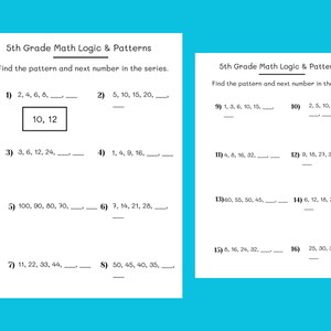 Puede incluir: Dos hojas de trabajo blancas con problemas de lógica matemática para estudiantes de 5º grado. Las hojas de trabajo tienen un fondo azul e incluyen secuencias numéricas para resolver. El texto dice "5th Grade Math Logic & Patterns".