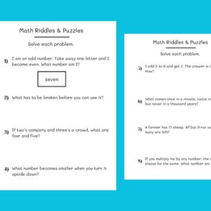 May include: Two white pages with math riddles and puzzles on a light blue background. The text includes questions like "What number becomes smaller when you turn it upside down?" and "What has to be broken before you can use it?"