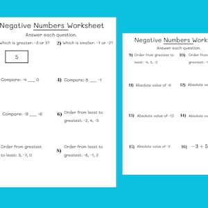 May include: Two white worksheets with the title "Negative Numbers Worksheet" on a blue background. The worksheets contain math problems involving negative numbers, including comparisons, ordering, and absolute values. The worksheets are designed for educational purposes.