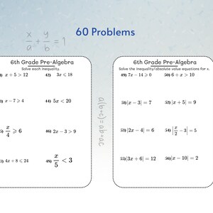 May include: A worksheet with math problems for 6th-grade pre-algebra. The image shows two sections with equations to solve, including inequalities and absolute value equations. The text "60 Problems" is at the top.