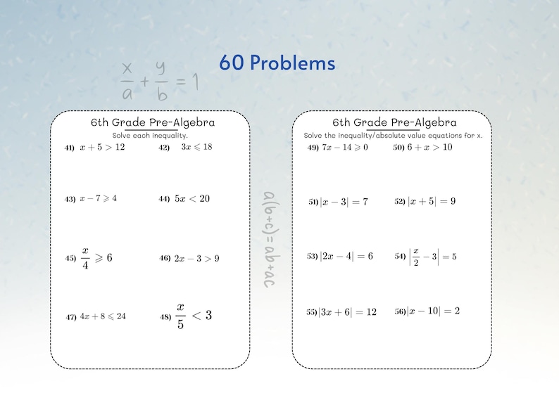 May include: A worksheet with math problems for 6th-grade pre-algebra. The image shows two sections with equations to solve, including inequalities and absolute value equations. The text "60 Problems" is at the top.
