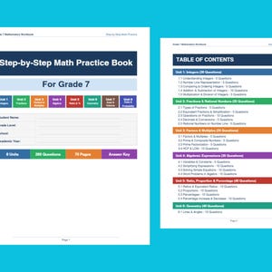 May include: Two-page spread of a Grade 7 mathematics workbook. The left page features the title "Step-by-Step Math Practice Book" and a section for student information. The right page displays the table of contents, listing various math topics and question counts.