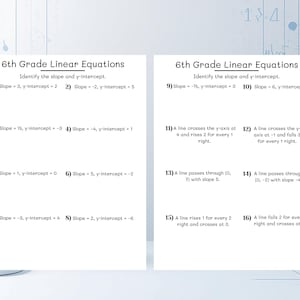 Op de afbeelding: Twee witte werkbladen met wiskundeproblemen. De tekst "6th Grade Linear Equations" staat bovenaan elk blad. Problemen zijn onder meer het identificeren van de helling en de y-intercept. De werkbladen staan op een lichtblauwe achtergrond.