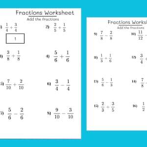 Puede incluir: Dos hojas de trabajo blancas con problemas de matemáticas sobre un fondo azul. Las hojas de trabajo se titulan "Fractions Worksheet" e incluyen problemas de suma y resta. La primera hoja de trabajo tiene un cuadro con el número 1 dentro.