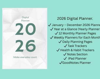 2026年版iPad用デジタルプランナー、優れたメモ帳 | 年間、月間、週間、日次 | ハイパーリンク付きPDF