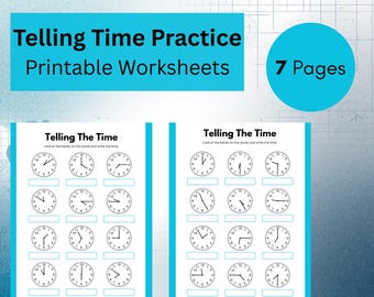 May include: Printable worksheets for telling time practice. The worksheets feature clocks with different times, designed for educational use. The image includes the text "Telling Time Practice Printable Worksheets" and "7 Pages".