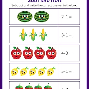 Può includere: Un foglio di lavoro di sottrazione con il titolo "SUBTRACTION" e le istruzioni per sottrarre e scrivere la risposta corretta. Il foglio di lavoro presenta illustrazioni di cartoni animati di angurie, mais, mele, limoni e fragole con problemi di sottrazione.