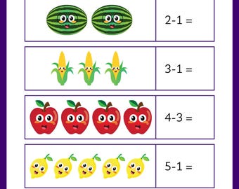 May include: A worksheet with the title "SUBTRACTION" and instructions to subtract and write the correct answer. The worksheet features cartoon illustrations of watermelons, corn, apples, lemons, and strawberries with subtraction problems like 2-1= and 4-2=.