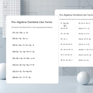 May include: Two white cards with math problems on a light blue background. The cards display algebra equations, including "Combine Like Terms." One card has a white sphere in front of it. The text is in black.