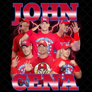 May include: A graphic featuring multiple images of a person in a red shirt and baseball cap. The text "JOHN CENA" is displayed in red and blue, with lightning bolt effects. The shirt has the text "NEVER GIVE UP".