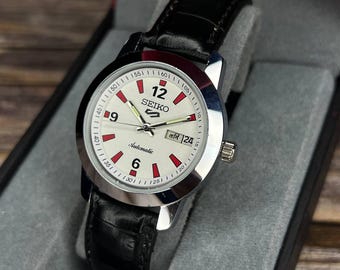 refurbished Seiko 5 automatic caliber 6309 watch white dial Day-date window