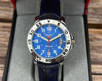 Refurbished Seiko 5 automatic wrist watch light blue dial leather Strap