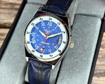 Refurbished Seiko 5 automatic wrist watch for men blue dial 12-24 hour Day-date window