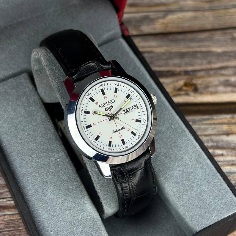refurbished Seiko 5 automatic men's wrist watch white dial Day-date window working order image 3