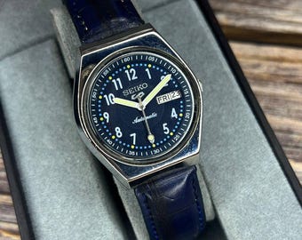 Vintage Seiko 5 Automatic Watch: Blue Dial, Faux Leather Strap