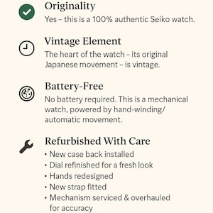 May include: An informational graphic titled "Watch Details at a Glance" detailing the features of a Seiko watch. The graphic highlights originality, vintage elements, battery-free operation, and refurbishment with care. It also mentions the absence of the original box and papers.
