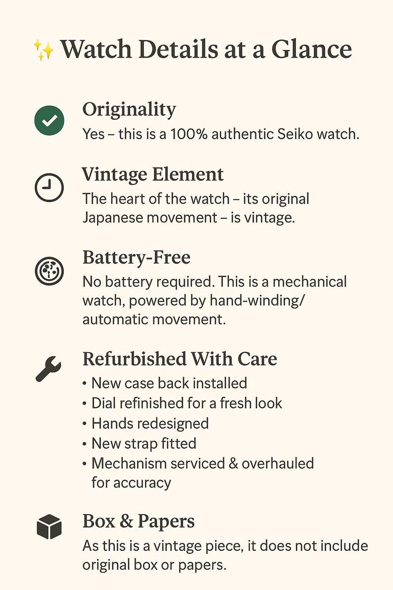 May include: An informational graphic titled "Watch Details at a Glance" detailing the features of a Seiko watch. The graphic highlights originality, vintage elements, battery-free operation, and refurbishment with care. It also mentions the absence of the original box and papers.