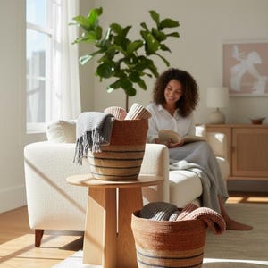 Handwoven Indian Seagrass Basket in Terracotta, Natural & Indigo Accents