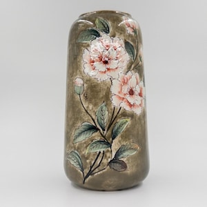 Vietnamese Stoneware Vase With Hand-Painted Coral Blossoms and Earth-Tone Glaze