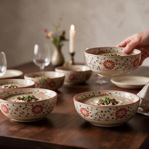 Set of 6 Bat Trang Vietnamese Ceramic Soup Bowls with Hand Painted Red Blue Floral Motif