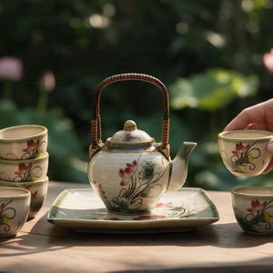 Tea Set for 6 Bat Trang Vietnamese Ceramic Teapot, 6 Teacups & Dessert Tray with Striking Hand Painted Lotus Motif