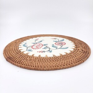 Handmade Vietnamese Ceramic & Rattan Trivet 11.5” Hot Dish Stand