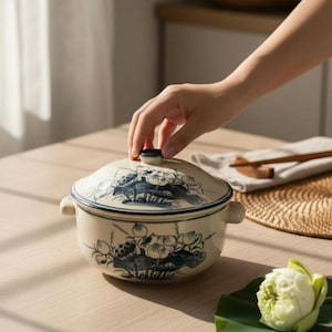 Vietnamese Hand-Painted Ceramic Lidded Pot with Lotus Design