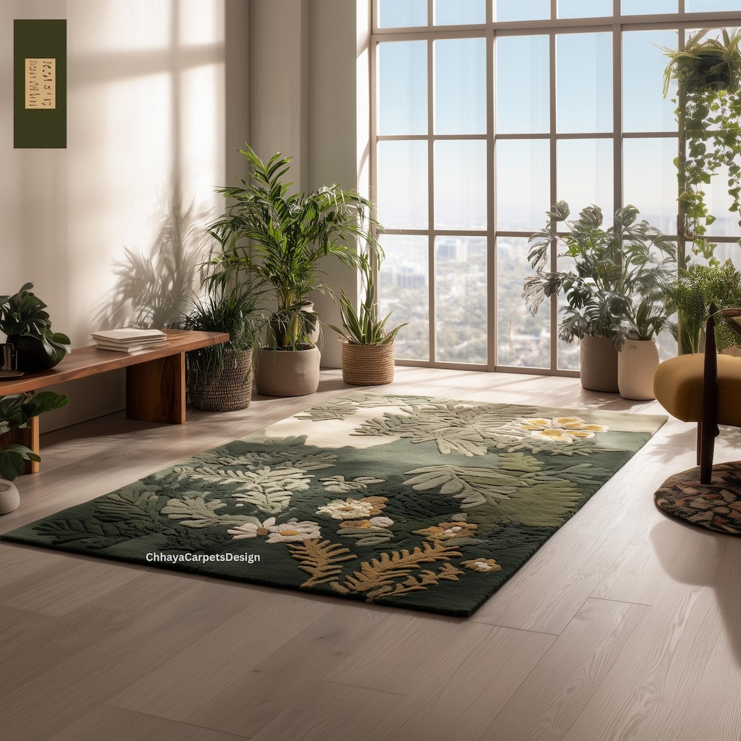 Plant Rug Plant & Leaf Green Botanical Floral Rug – Handmade Tufted Carpet With ...