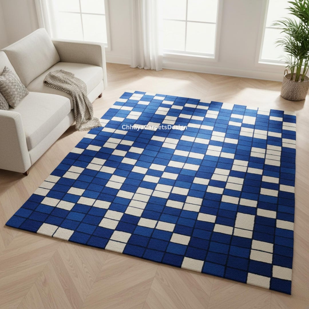 Blue Checked Rug Modern Blue & White Checkered Area Rug - Hand-tufted Geometric Design ...