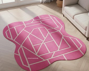 Onregelmatig roze handgetuft wollen vloerkleed - amoebevorm tapijt met abstract geometrisch gebied | Aangepast formaat statement vloerkleed voor moderne inrichting
