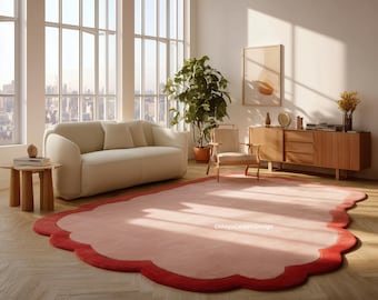 Alfombra rosa y roja con borde festoneado / Alfombra moderna con borde ondulado / Tapete femenino y elegante / Decoración boho para sala de estar / Alfombra decorativa estética