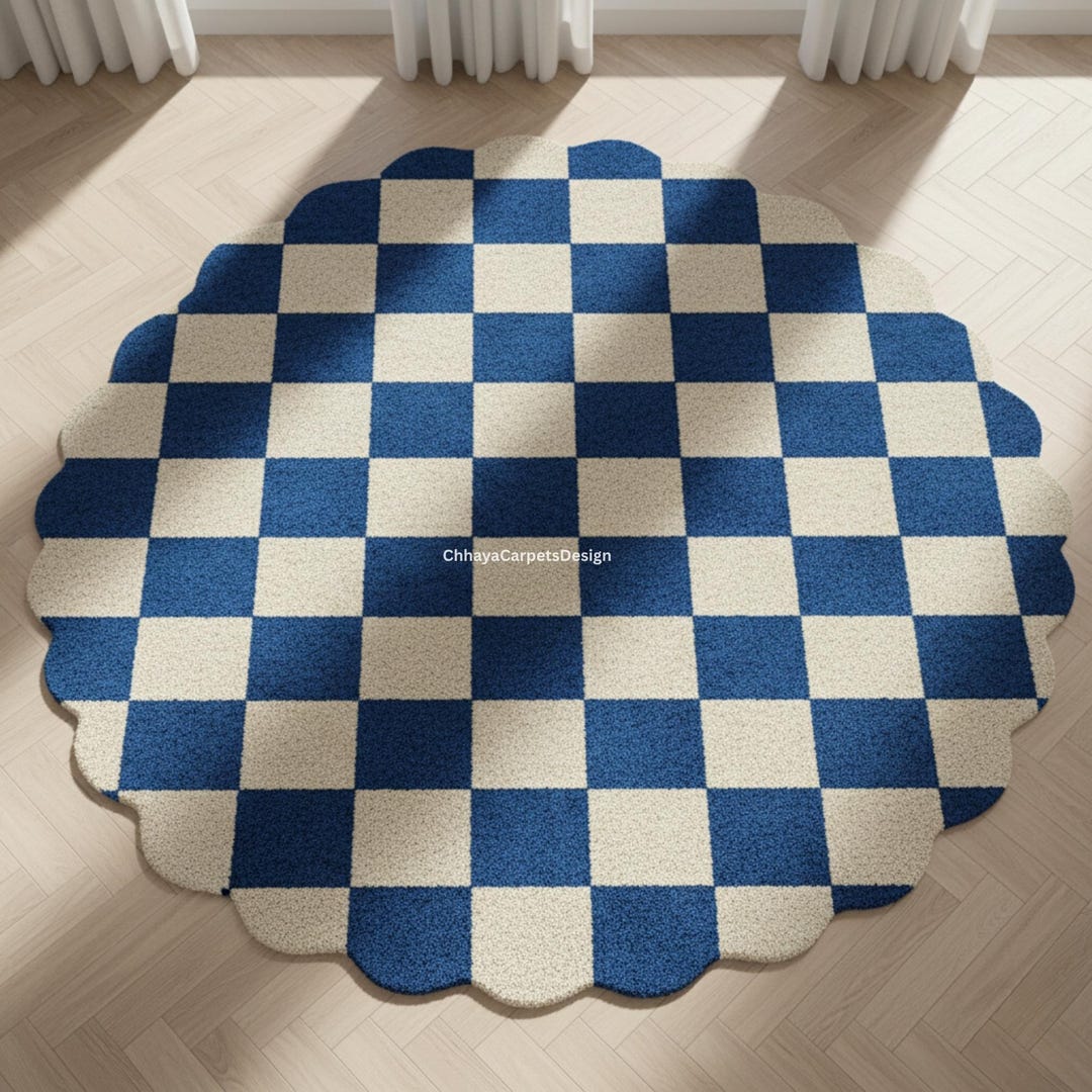 Blue Checkered Round Rug, Scalloped Edge Carpet, Modern Checkerboard ...