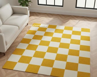 Gul och vit schackrutig matta, modern handtuftad ullmatta för vardagsrum, retro geometrisk heminredning, djärvt iögonfallande föremål